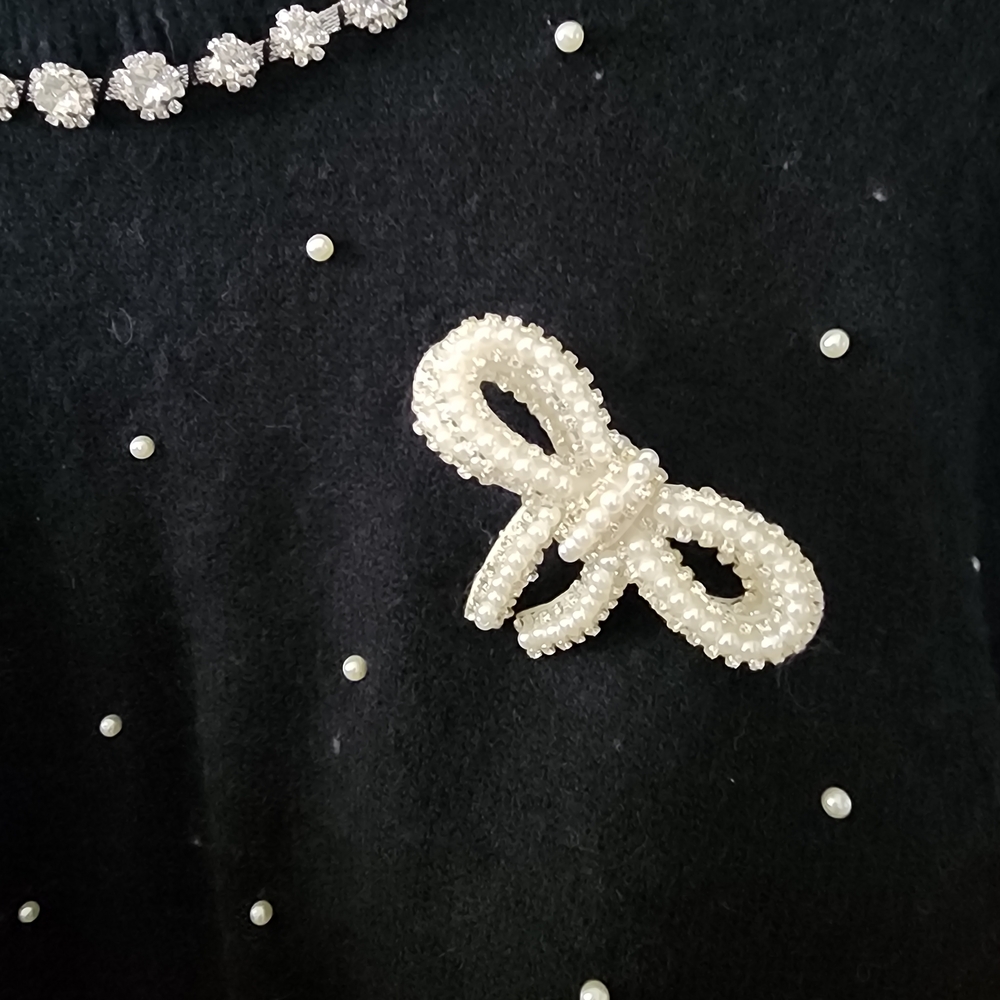 Elegant Black Sweater with Crystal And Pearl Accents - Picture 2 of 4